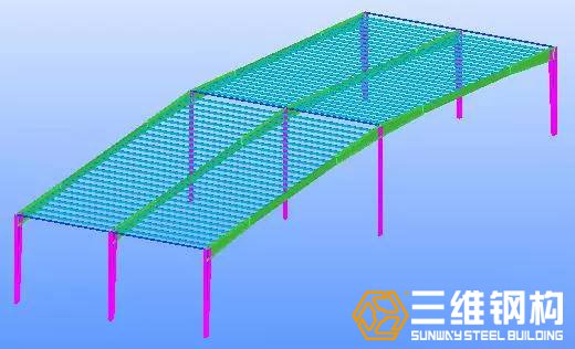 繼續(xù)安裝下一榀剛架的鋼柱、連梁、屋架、檁條。